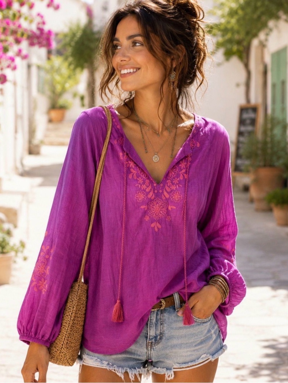 Belle by Kim Gravel Magenta Embroidered V-Neck Tunic Top